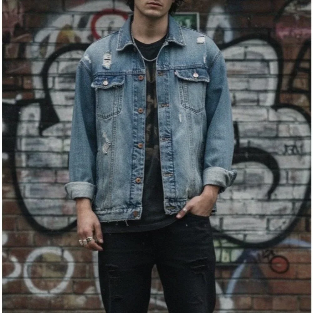 Zara Men's Denim Jacket Sz Large Distressed Grunge‎ 100% Cotton Urban RARE